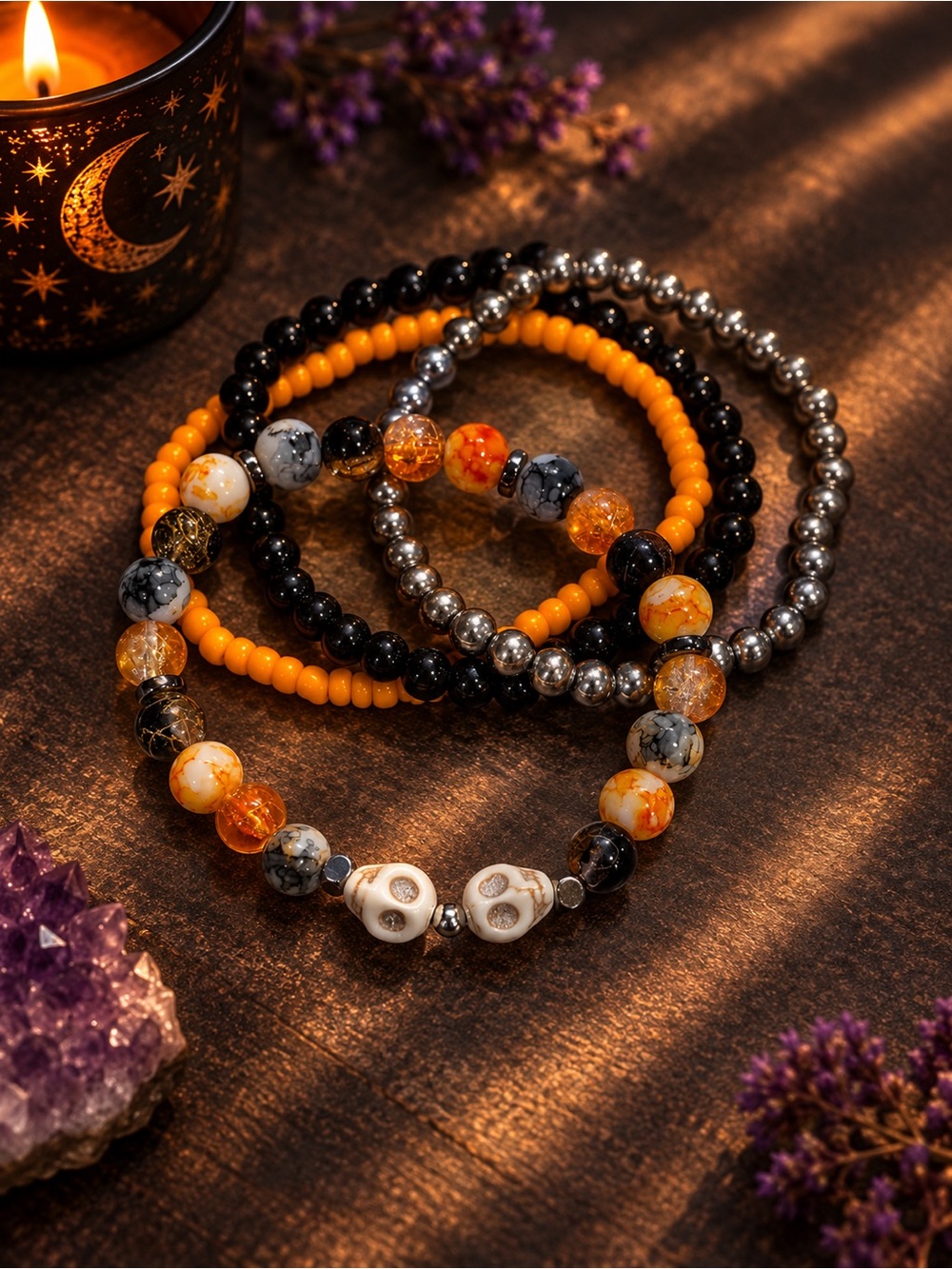 Handcrafted Orange & Black Beaded Skull Bracelet Set